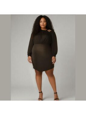 BloomChic Plus Size Long Sleeve Mock Neck Sheer Midi Dress